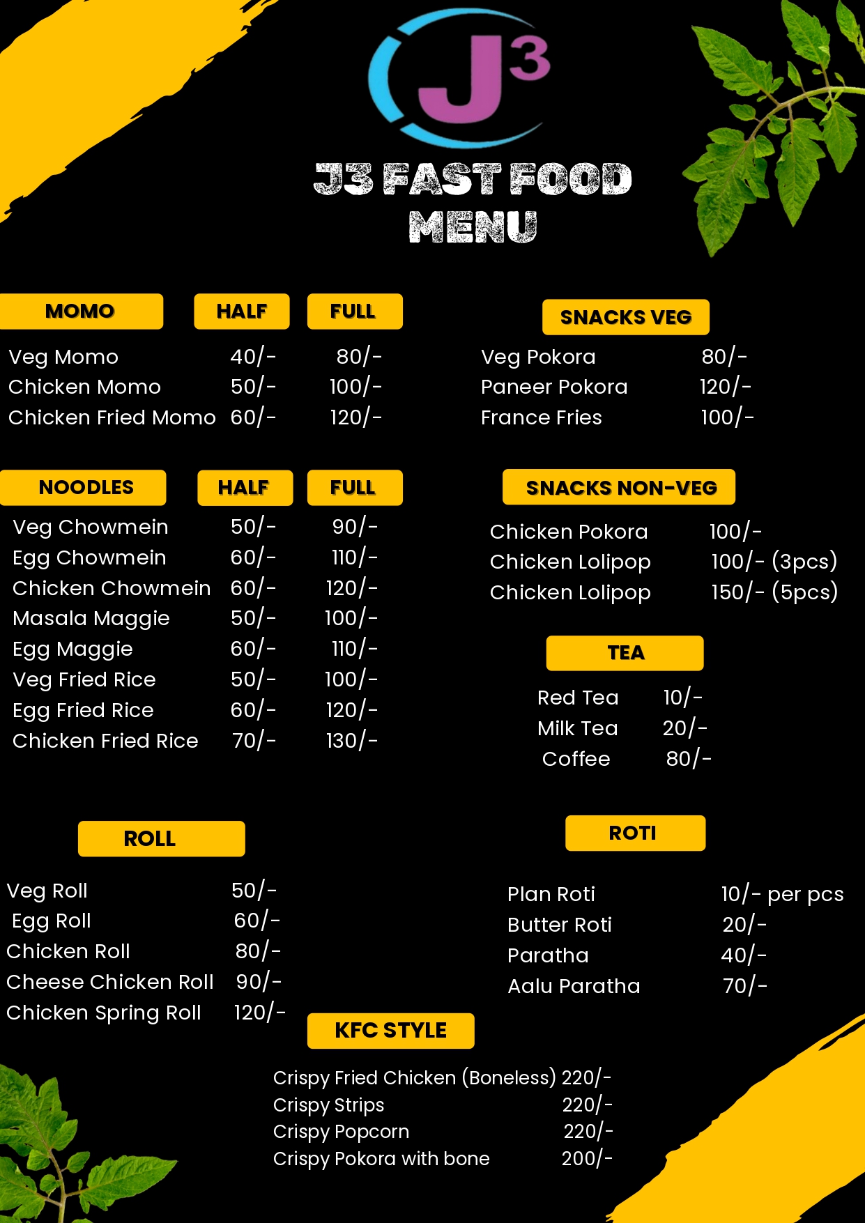J3 Fast Food Menu